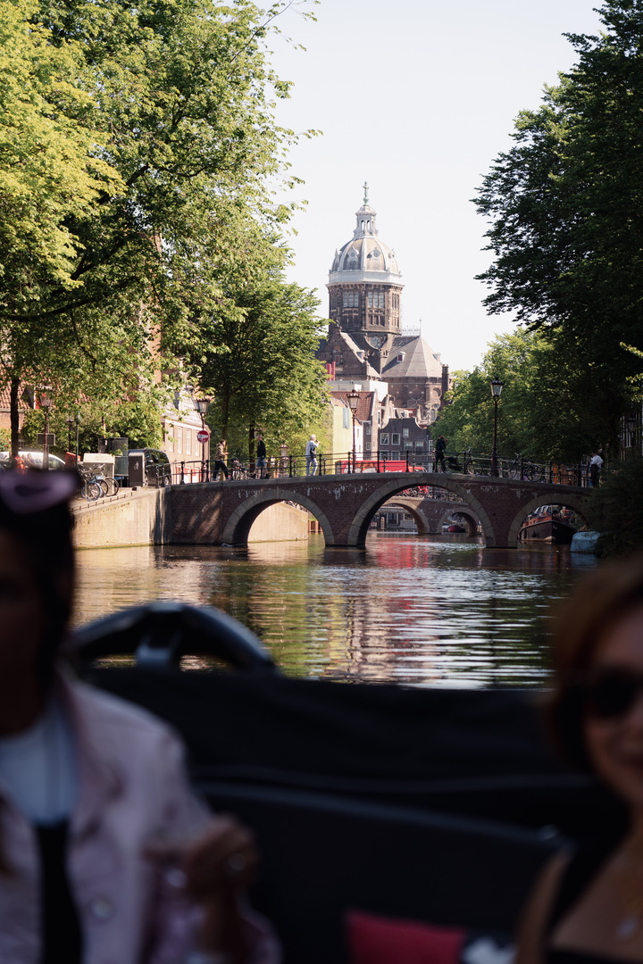 Amsterdam canal with the Basilica of St. Nicholas